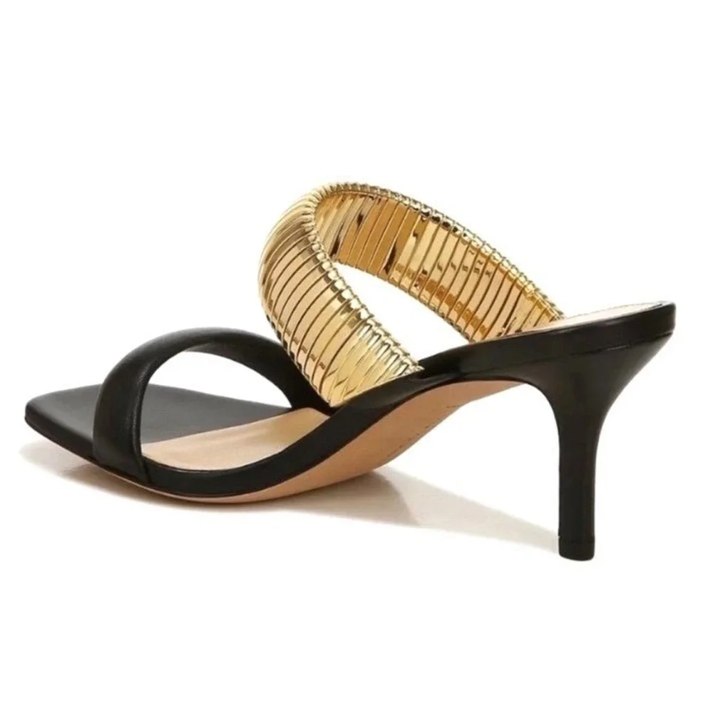 VERONICA BEARD Meena Heeled Sandals Size 9 Black Leather Gold Luxury Designer‎